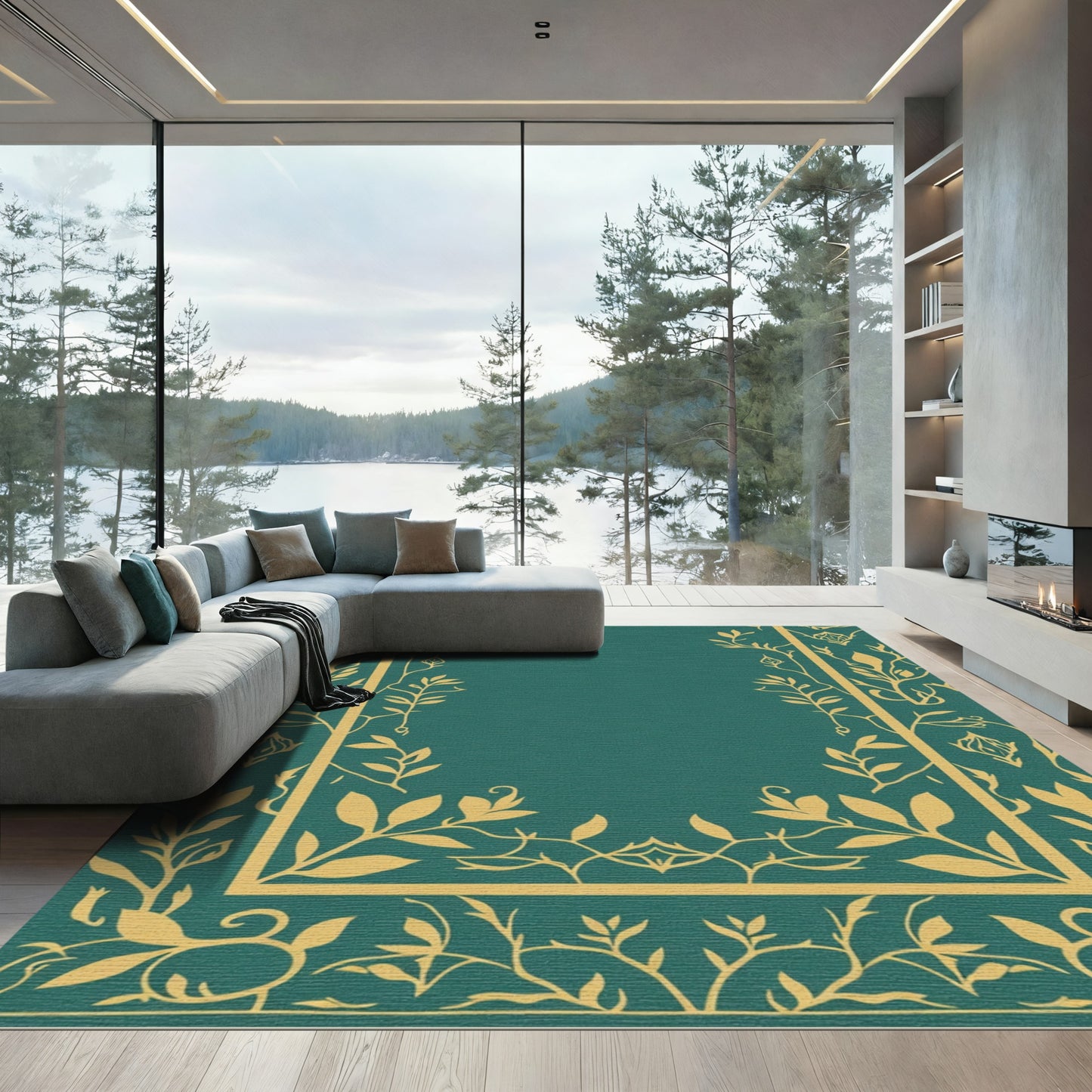 Teal Gold Floral Vine Border Rug