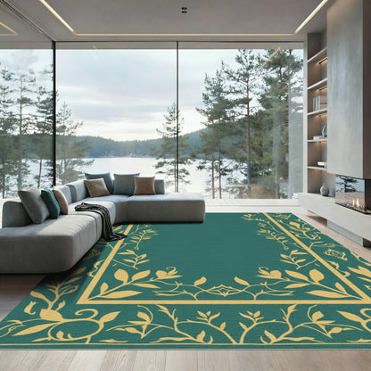 Teal Gold Floral Vine Border Rug