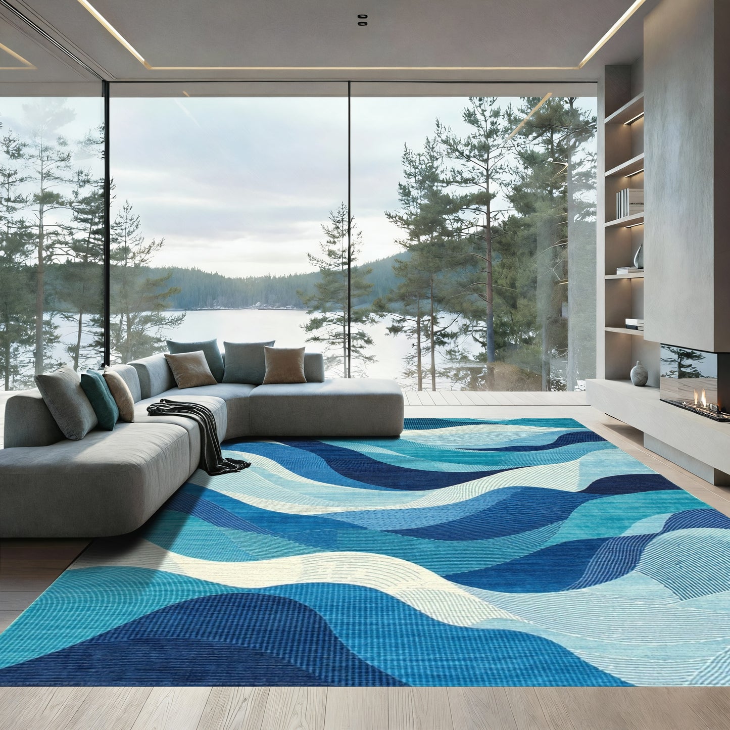 Navy Teal Fluid Waves Rug