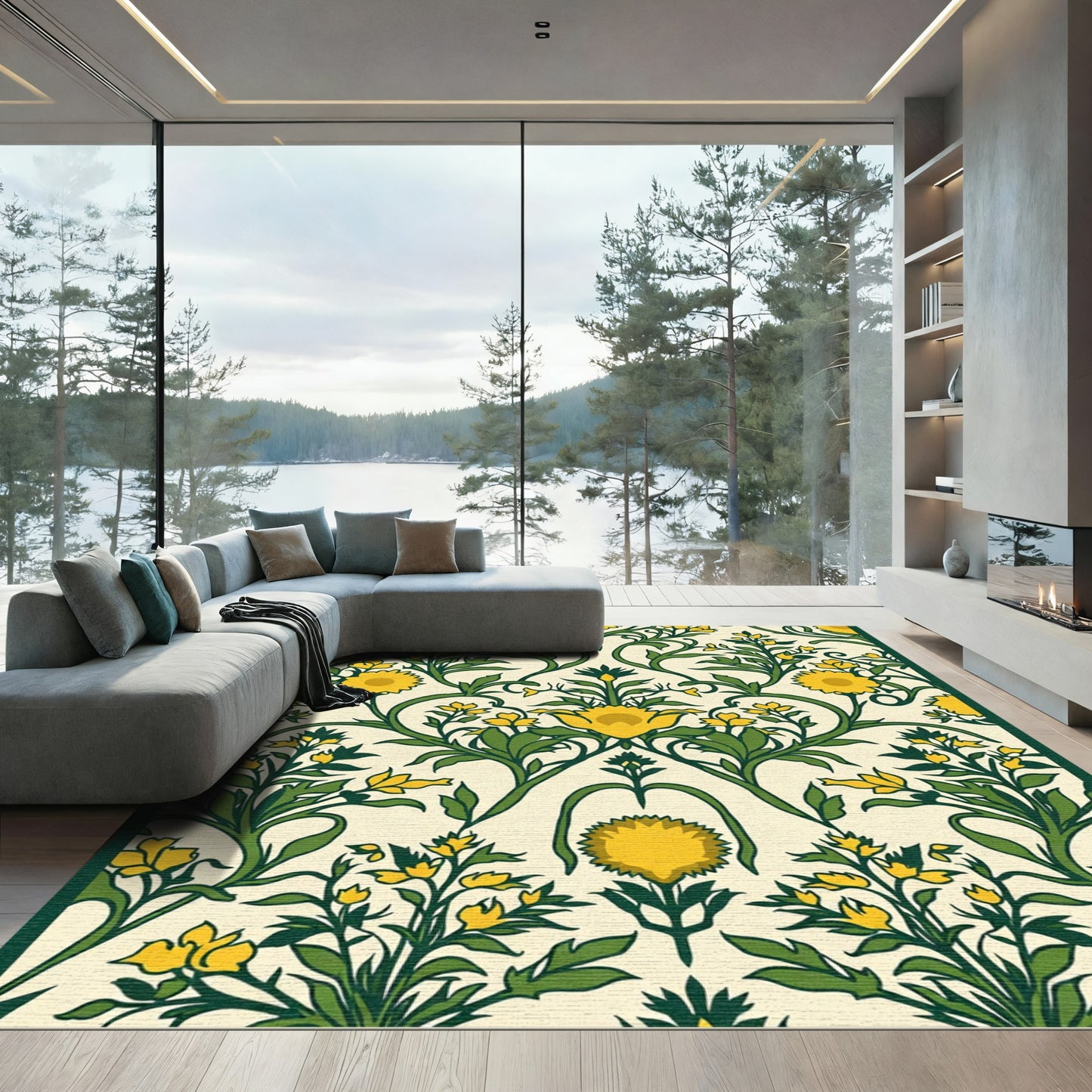Yellow Floral Vine Scroll Accents Rug