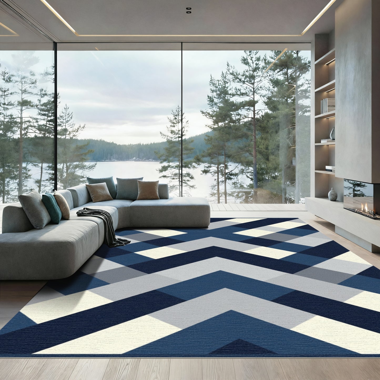Navy Blue Geometric Chevron Rug