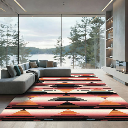 Crimson Orange Geometric Diamond Bands Rug