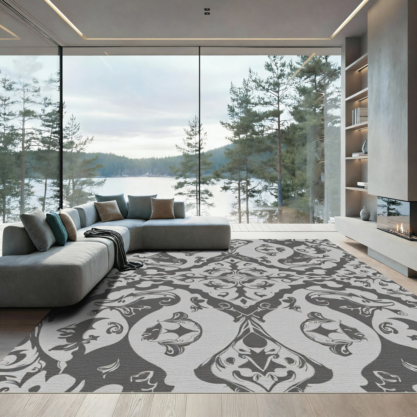Dark Gray Damask Scroll Medallion Rug