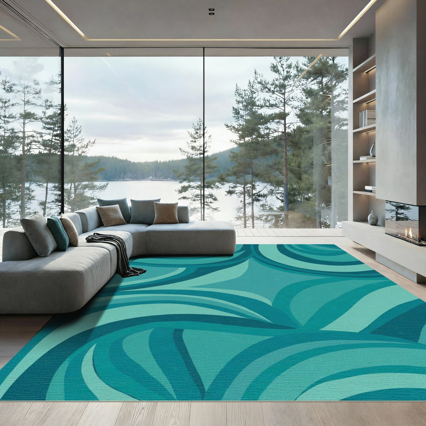 Teal Ocean Wave Swirl Rug
