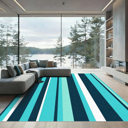 Aqua Navy White Vertical Stripe Rug