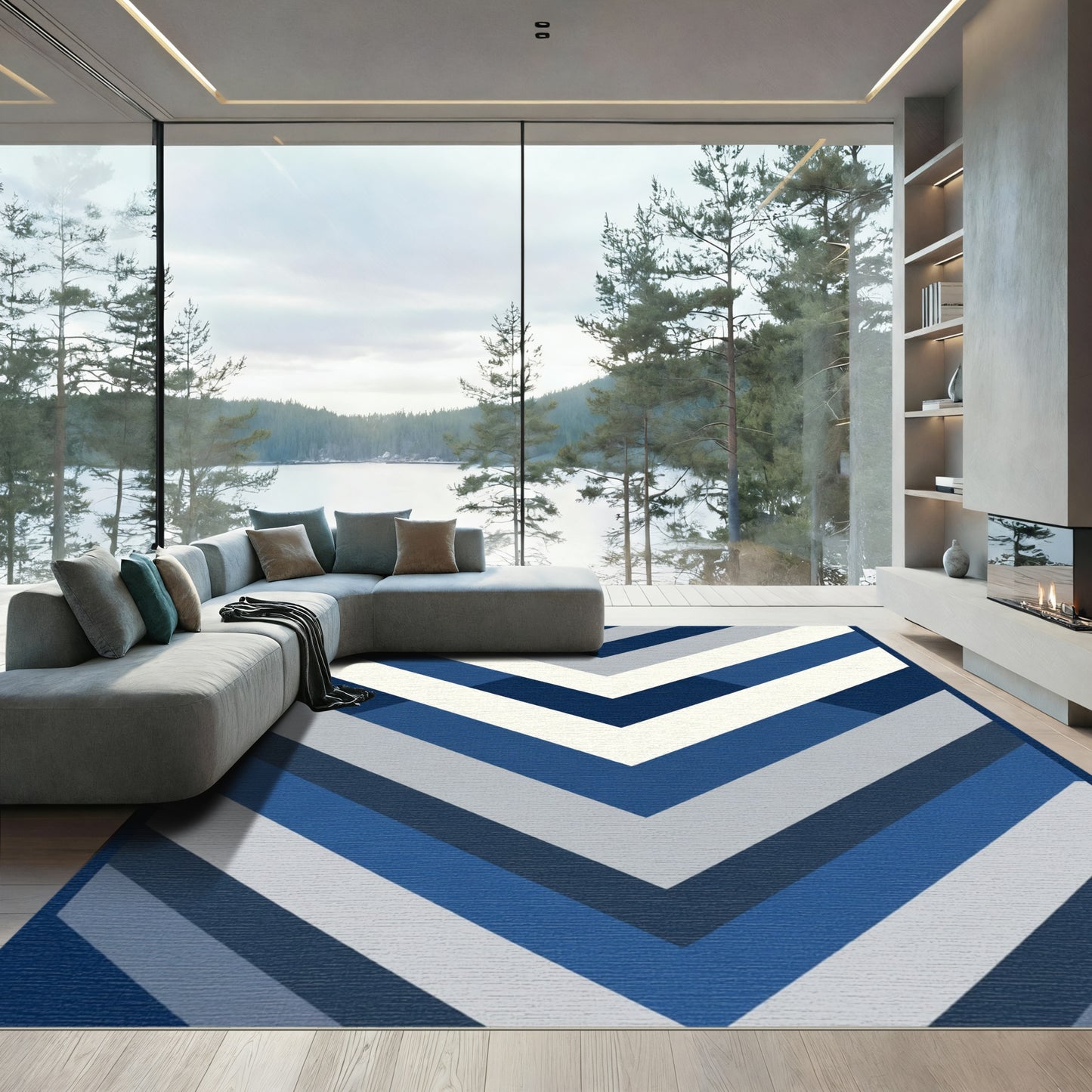 Navy Blue Chevron Layers Rug