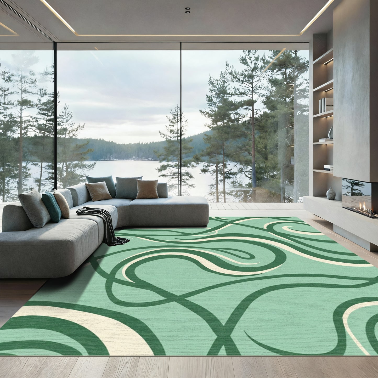 Sleek Teal Swirl Ribbon Rug