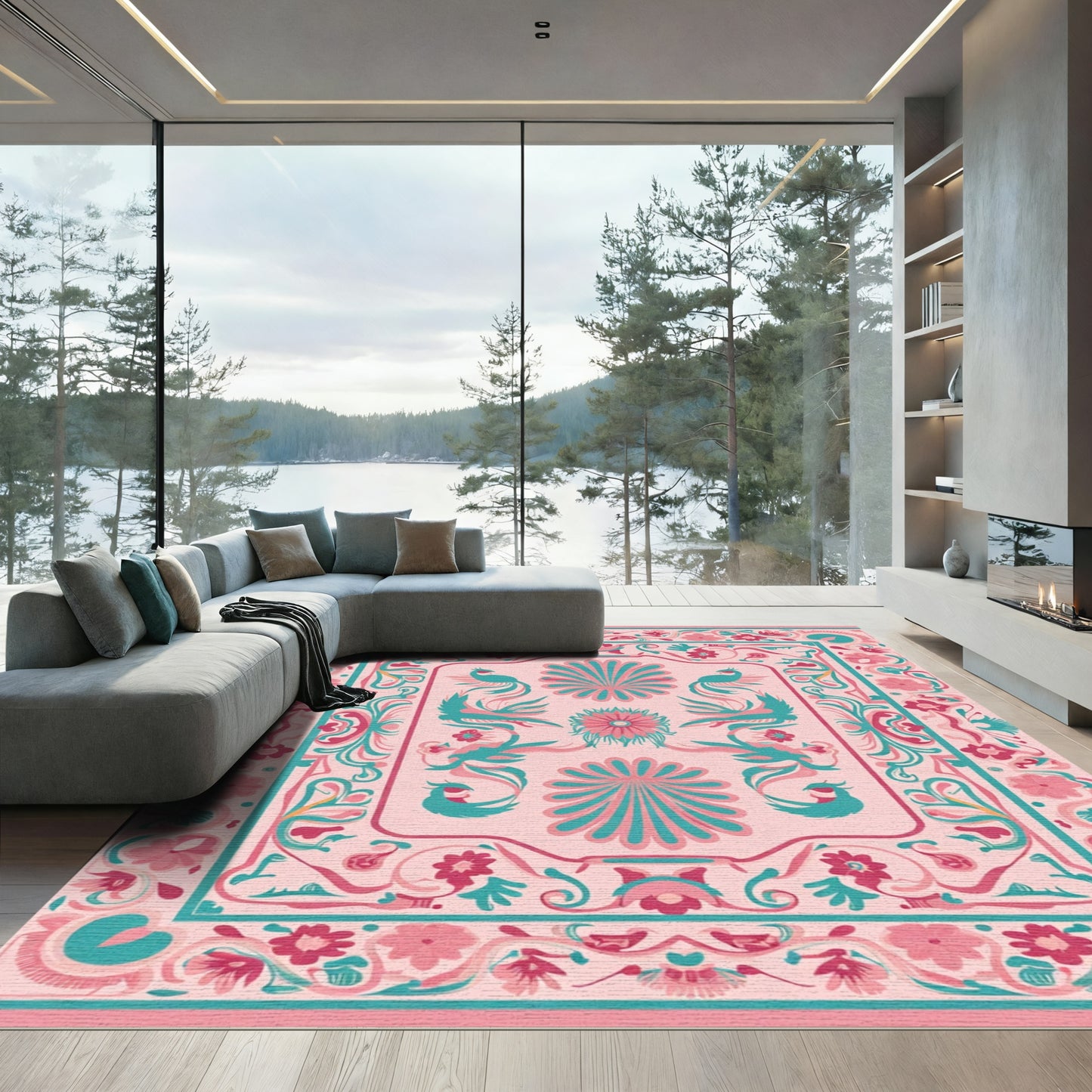 Pink Turquoise Bird Floral Garden Rug