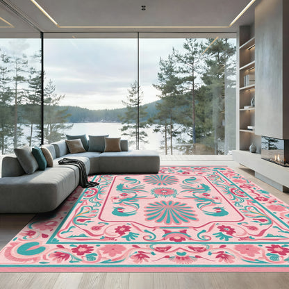 Pink Turquoise Bird Floral Garden Rug