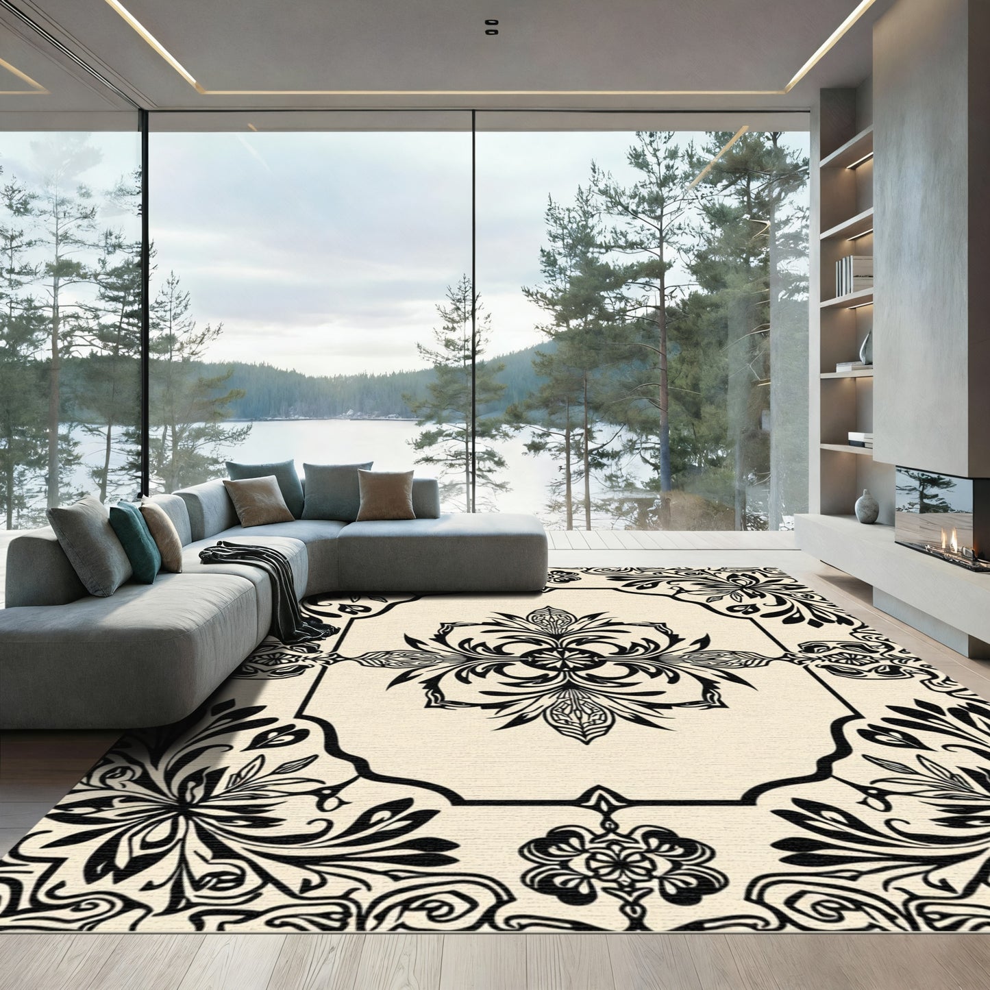 Ivory Black Floral Arabesque Rug