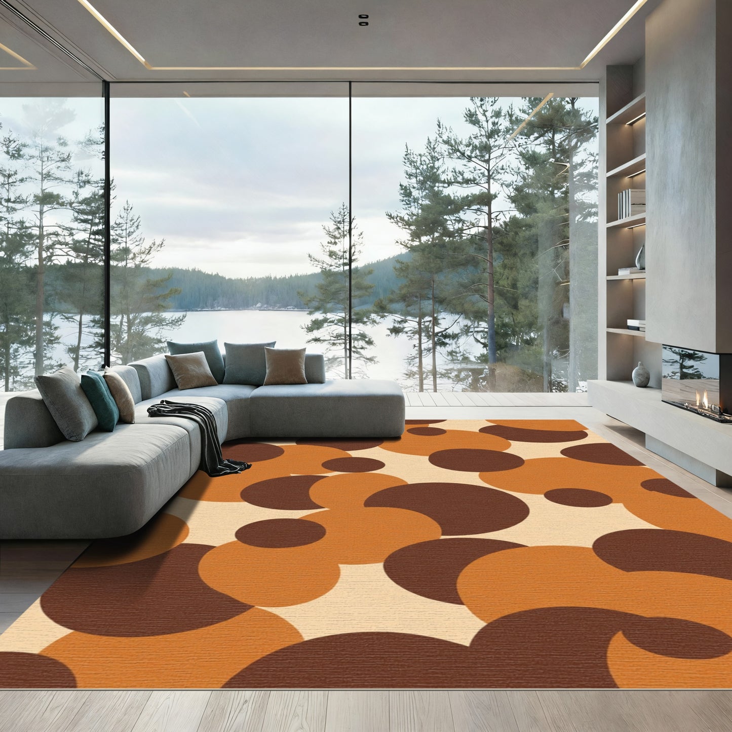Retro Ochre Brown Circle Composition Rug