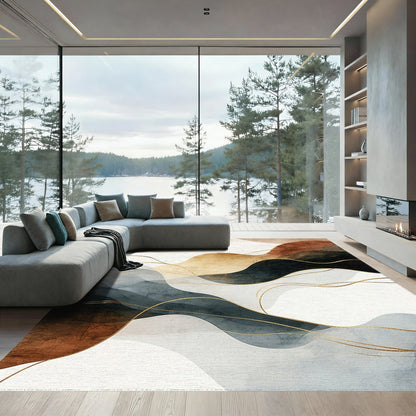 Abstract Gold Wavy Rust Navy Rug
