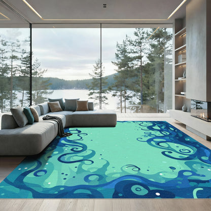 Aqua Blue Swirling Organic Coral Rug