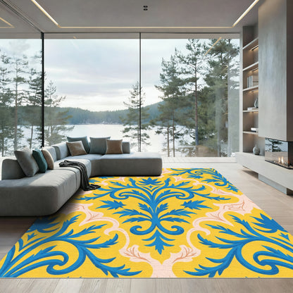 Bold Blue Acanthus Flourish Yellow Background Rug
