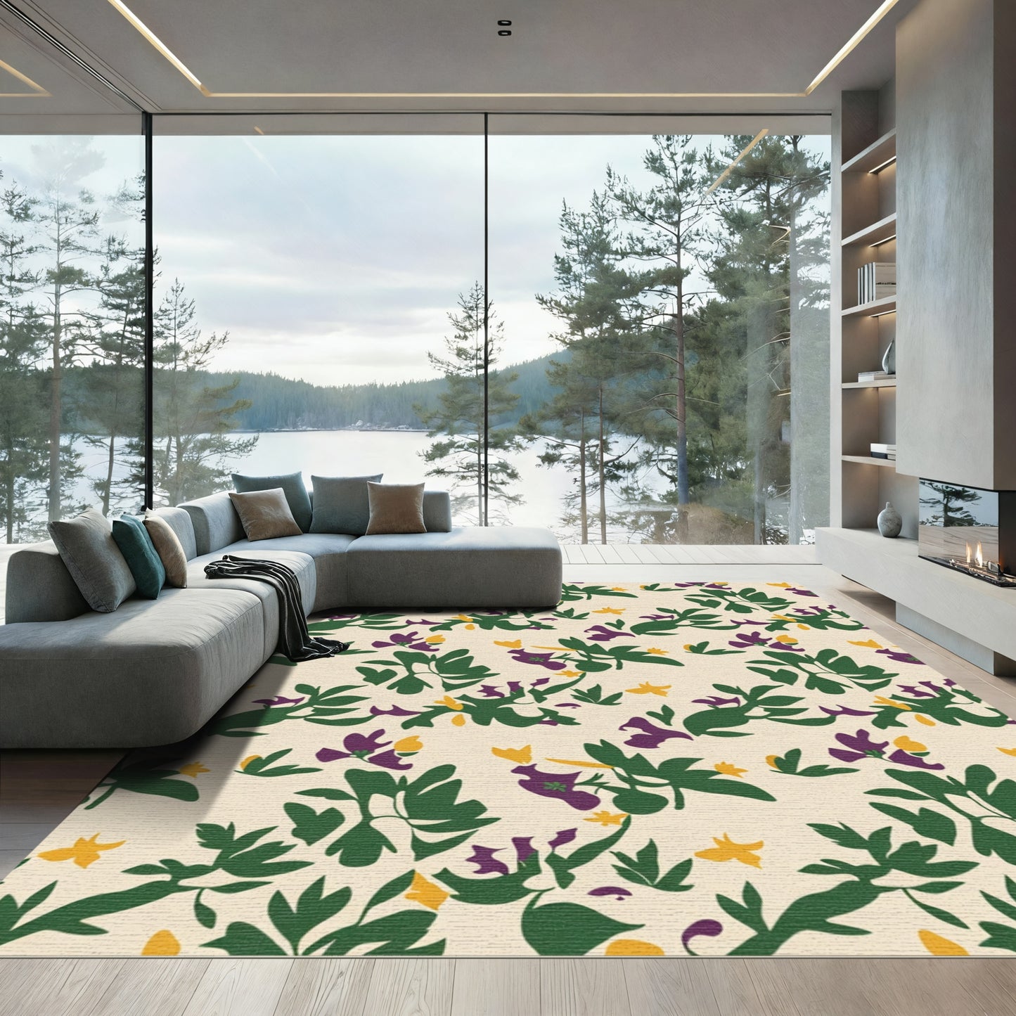 Deep Green Purple Yellow Floral Branches Rug