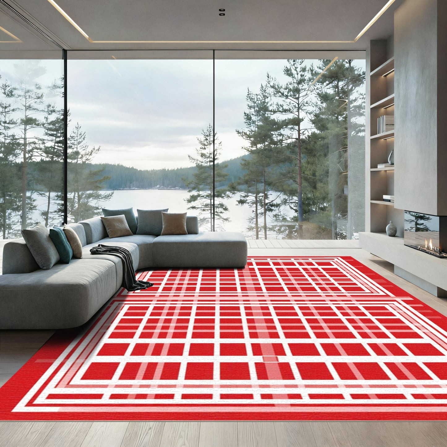 Red White Geometric Layered Grid Rug