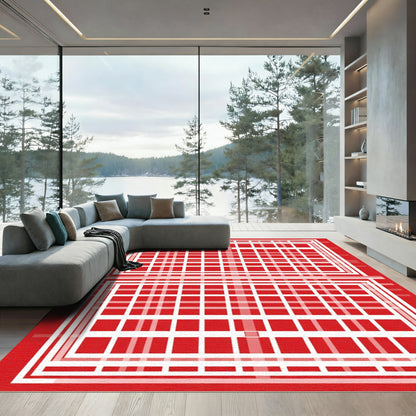 Red White Geometric Layered Grid Rug