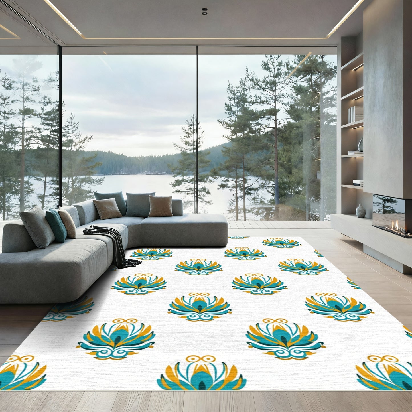 Turquoise Gold Floral Symmetry Rug