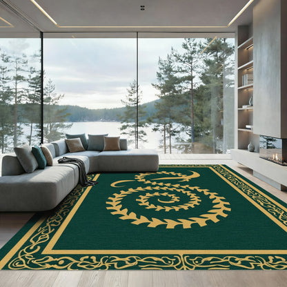 Deep Emerald Golden Swirl Scrollwork Rug
