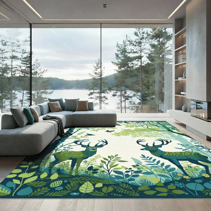 Emerald Deer Forest Birds Garden Rug
