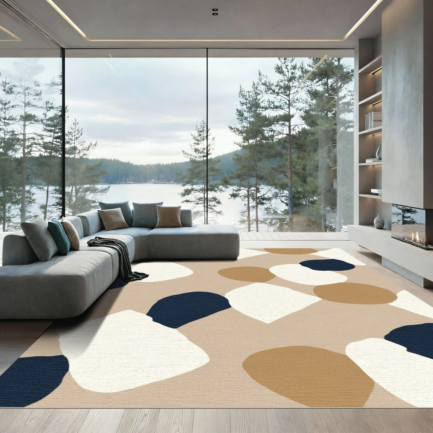 Abstract Shapes Beige Navy Ivory Rug