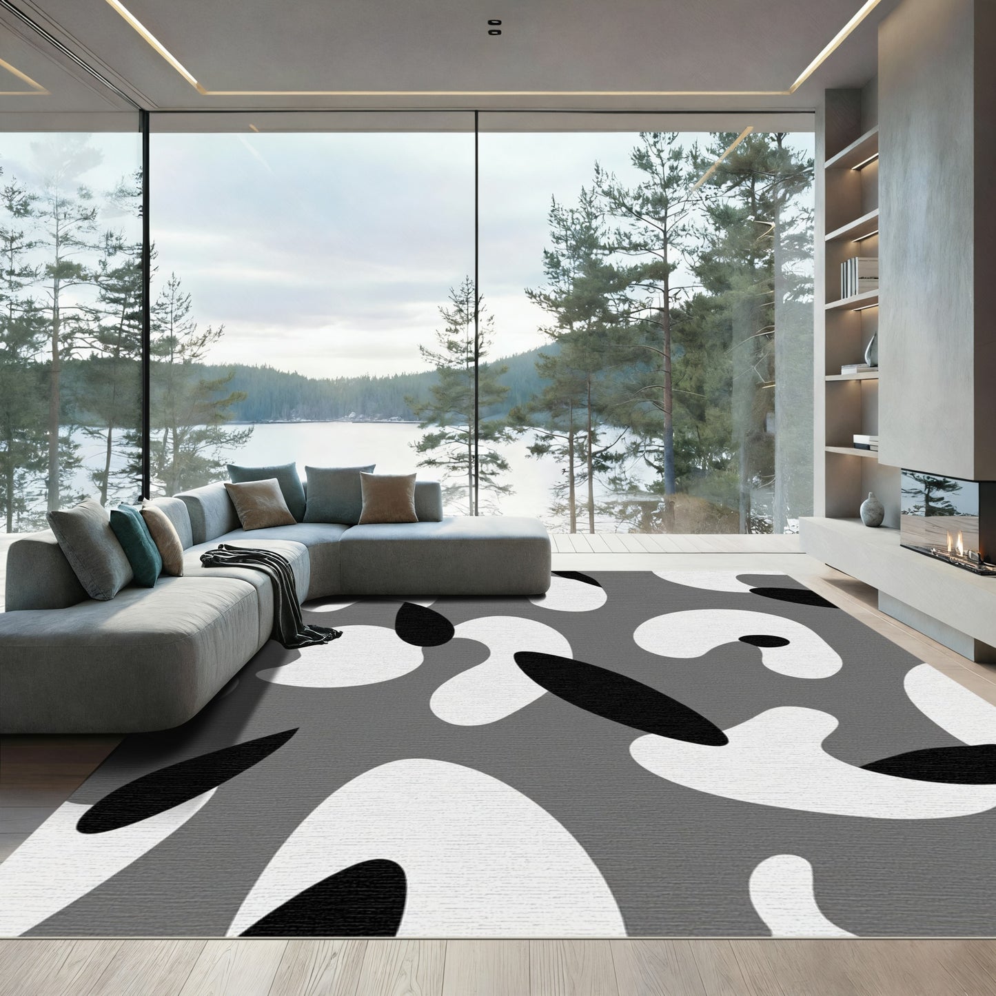 Grayscale Abstract Blob Organic Shapes Rug