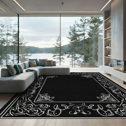 White Black Organic Scroll Frame Rug
