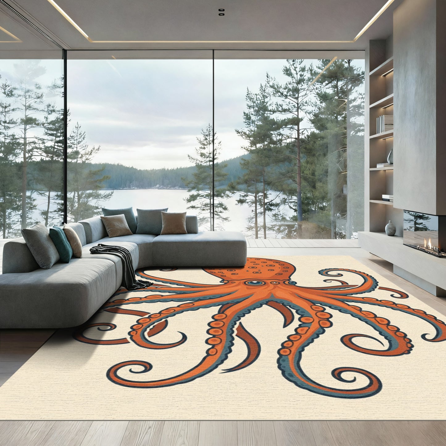 Orange Octopus With Blue Accents Rug