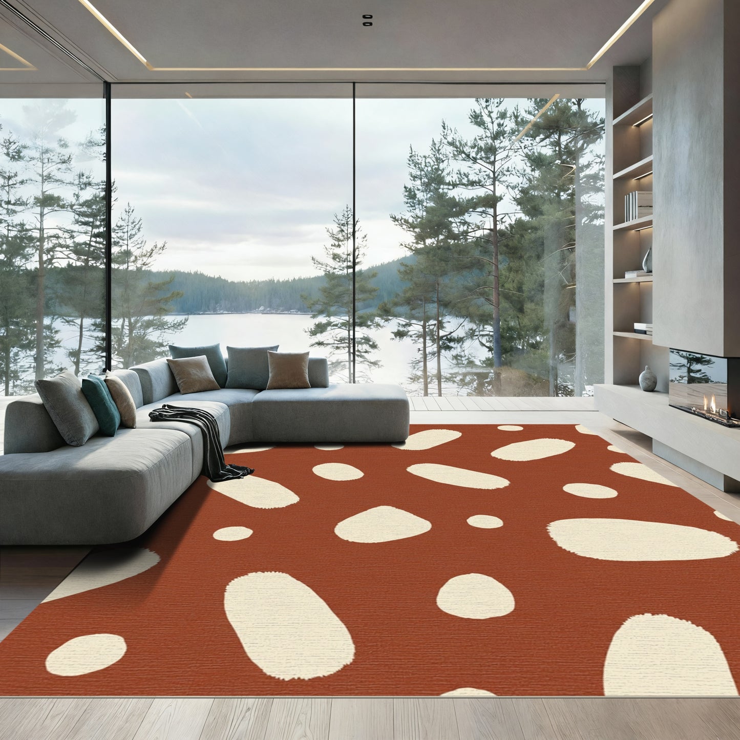 Terracotta Cream Abstract Brushstroke Dots Rug