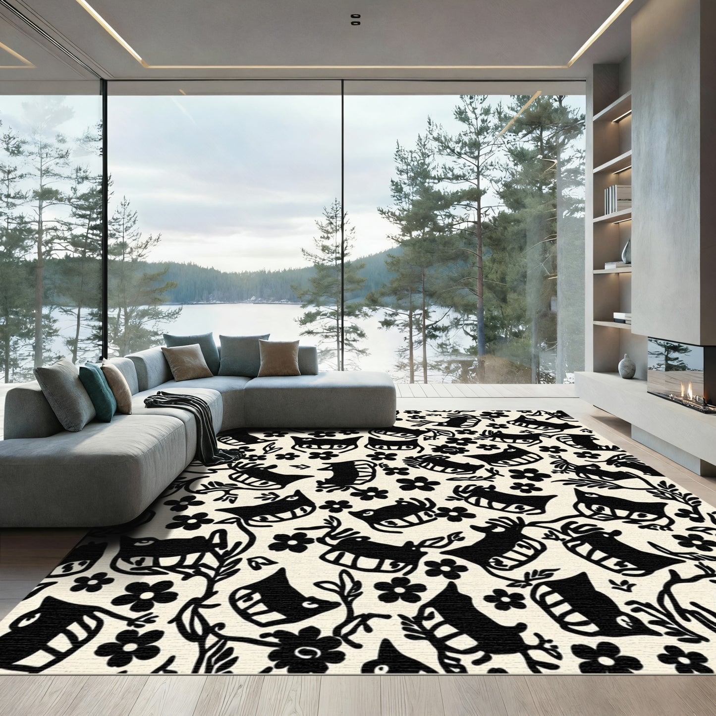 Black Woodland Creatures Floral Pattern Rug