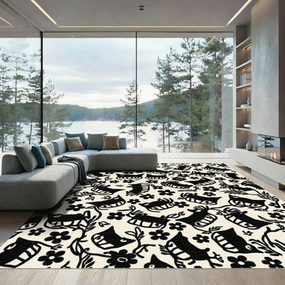 Black Woodland Creatures Floral Pattern Rug