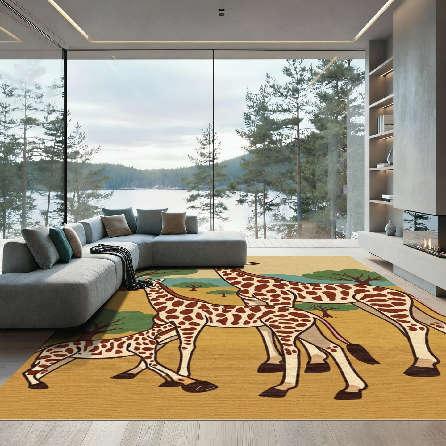 Brown Giraffe Family Safari Scene Rug