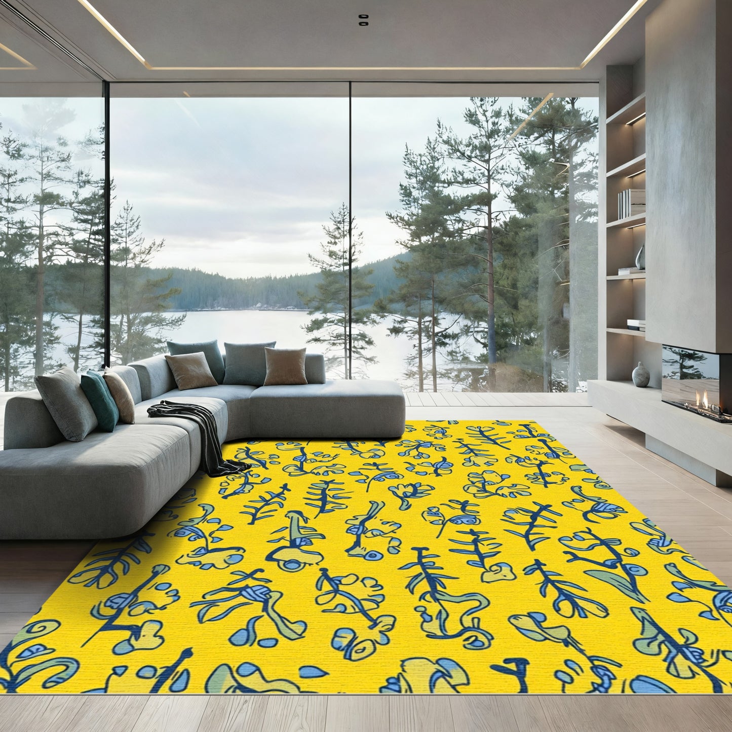 Whimsical Yellow Blue Floral Sprigs Rug