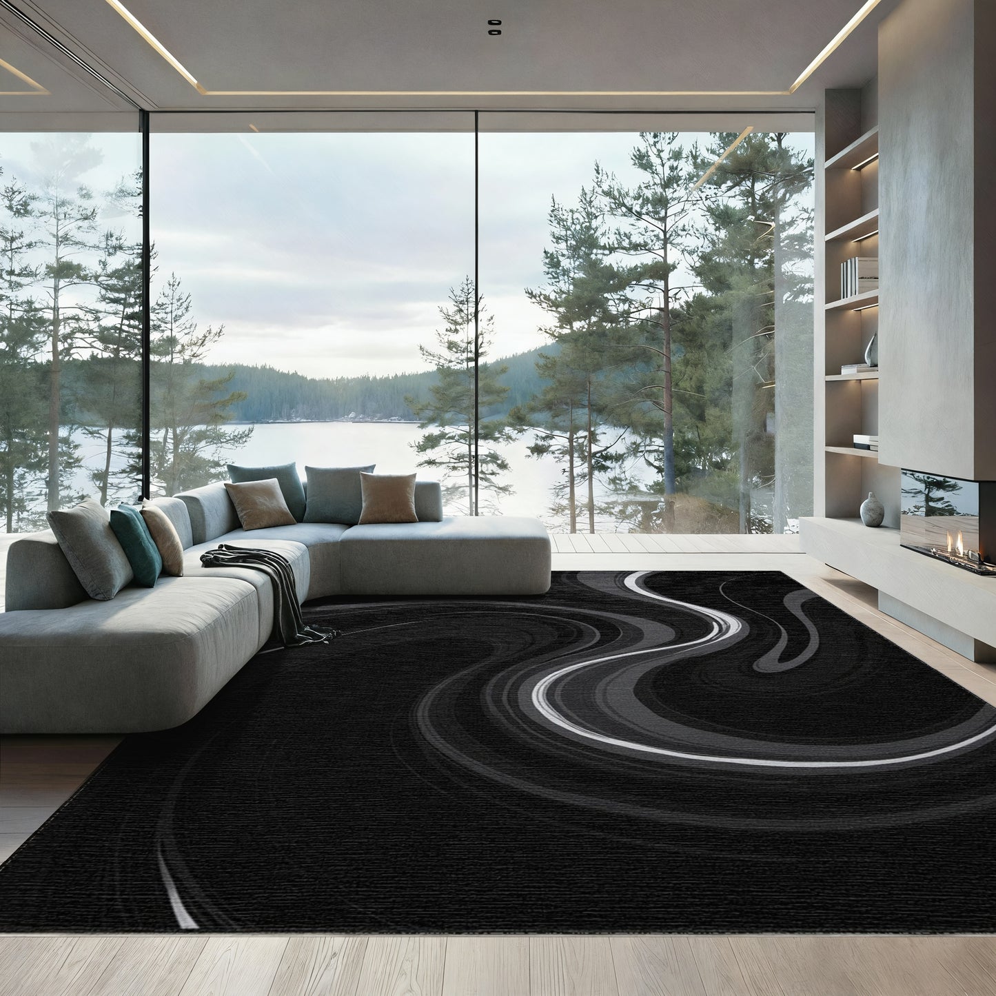 Black Gray Swirling Fluid Rug