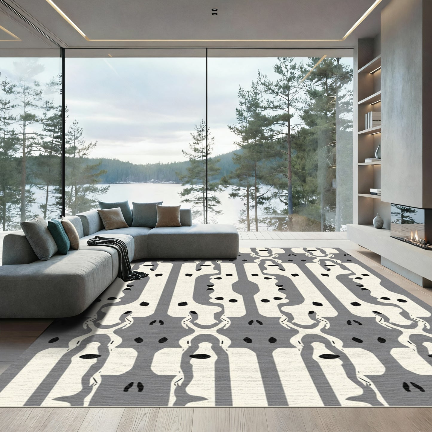 Gray Cream Abstract Figural Columns Rug