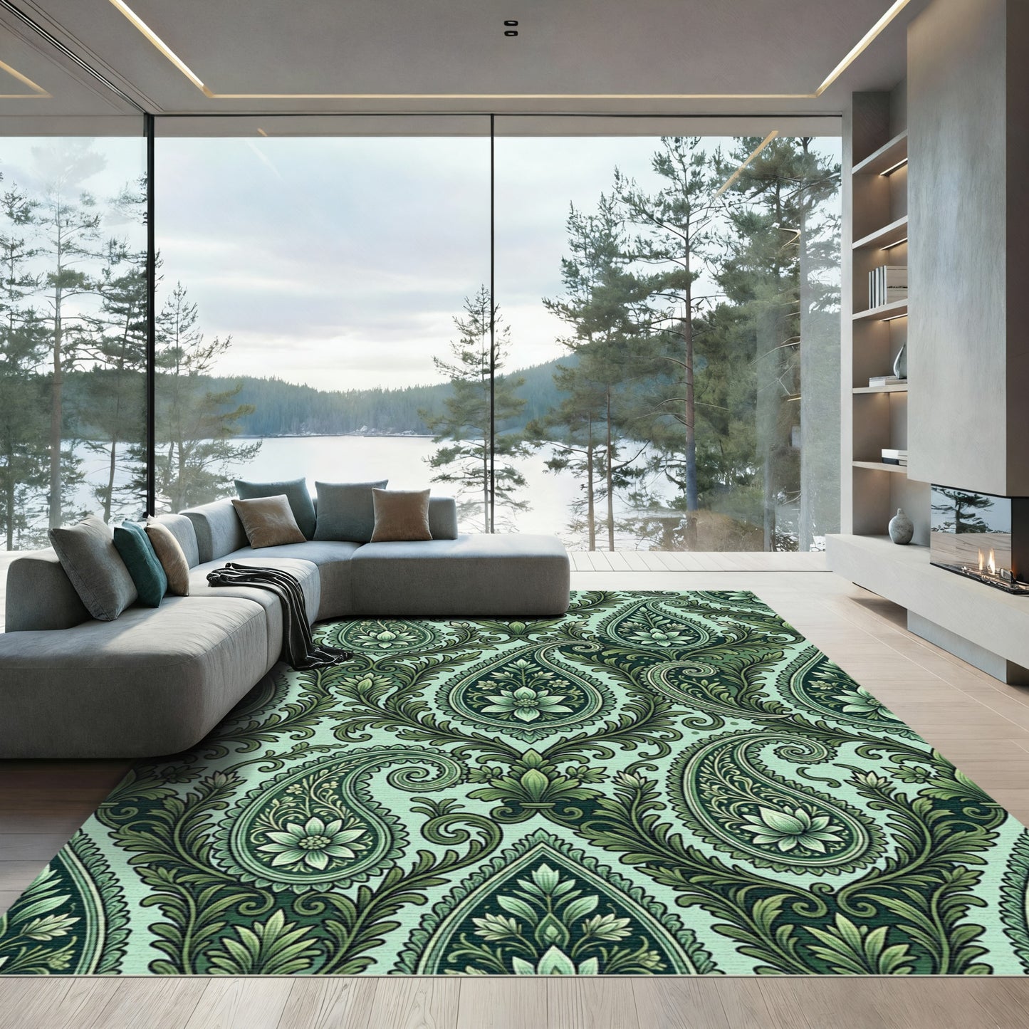 Emerald Green Paisley Floral Tapestry Rug