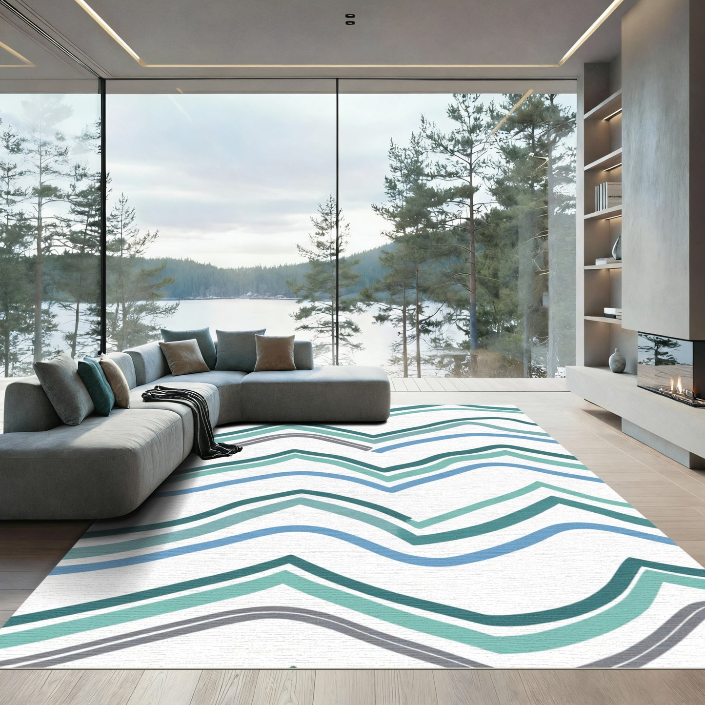 Ocean Blue Wavy Chevron Rug