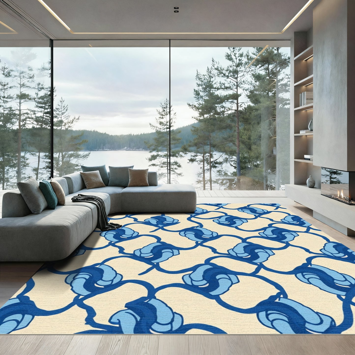 Retro Blue Swirls Cream Background Rug