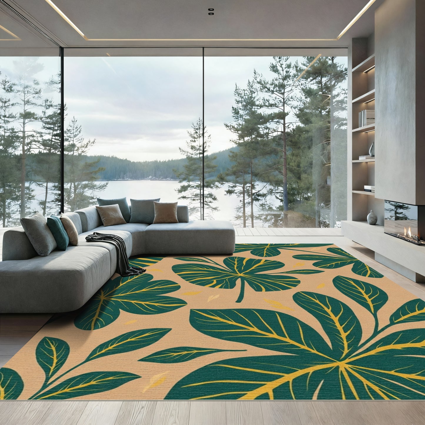 Deep Teal Yellow Leaf Foliage Tapestry Rug