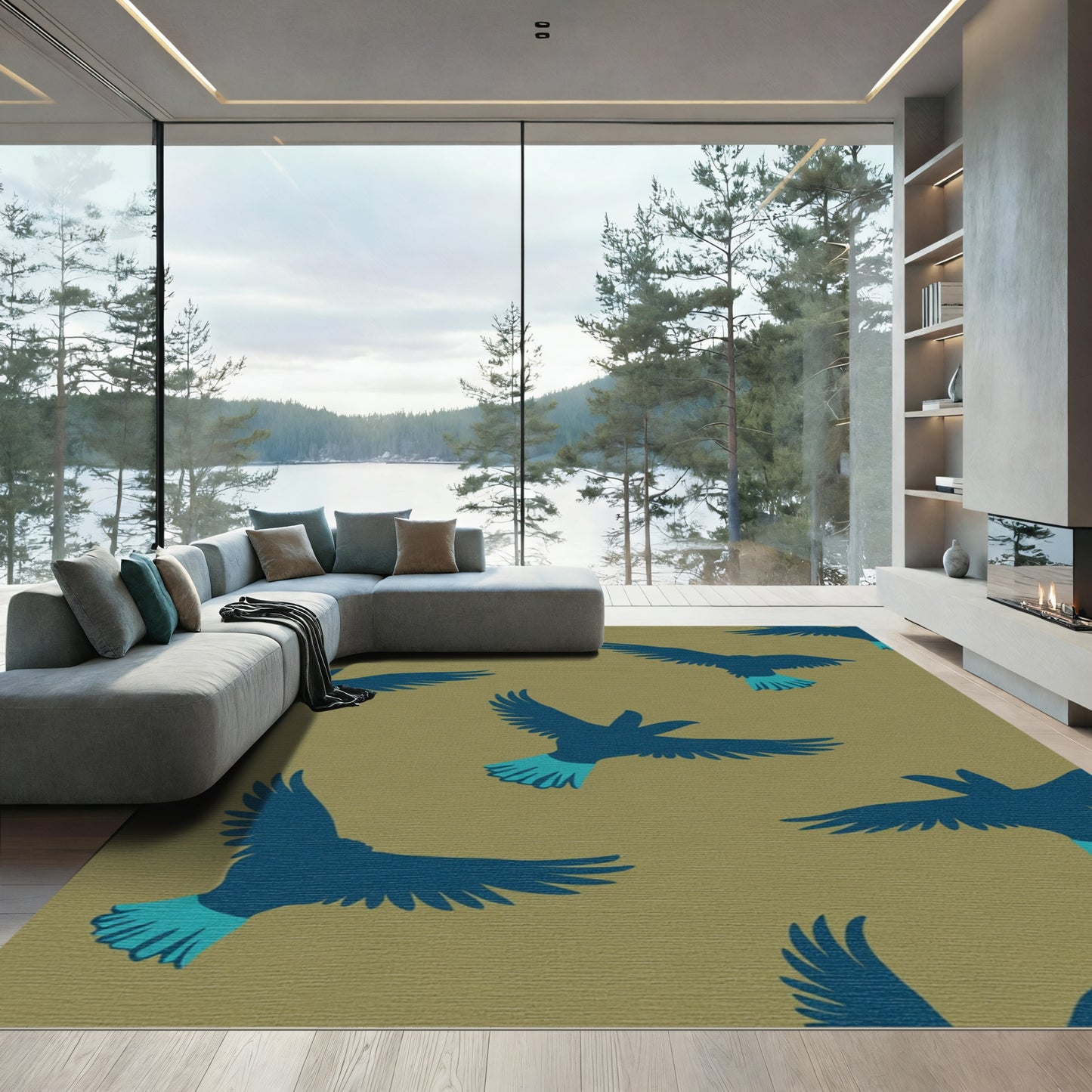 Deep Blue Flying Birds Khaki Background Rug