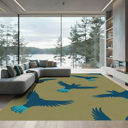 Deep Blue Flying Birds Khaki Background Rug