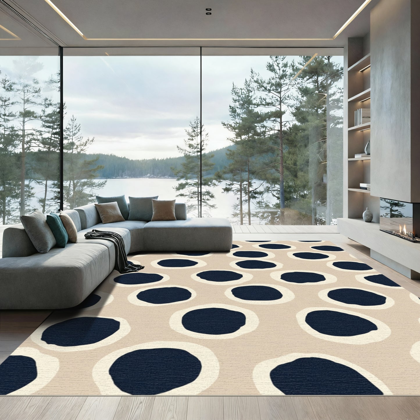 Abstract Nude Navy Polka Dots Rug
