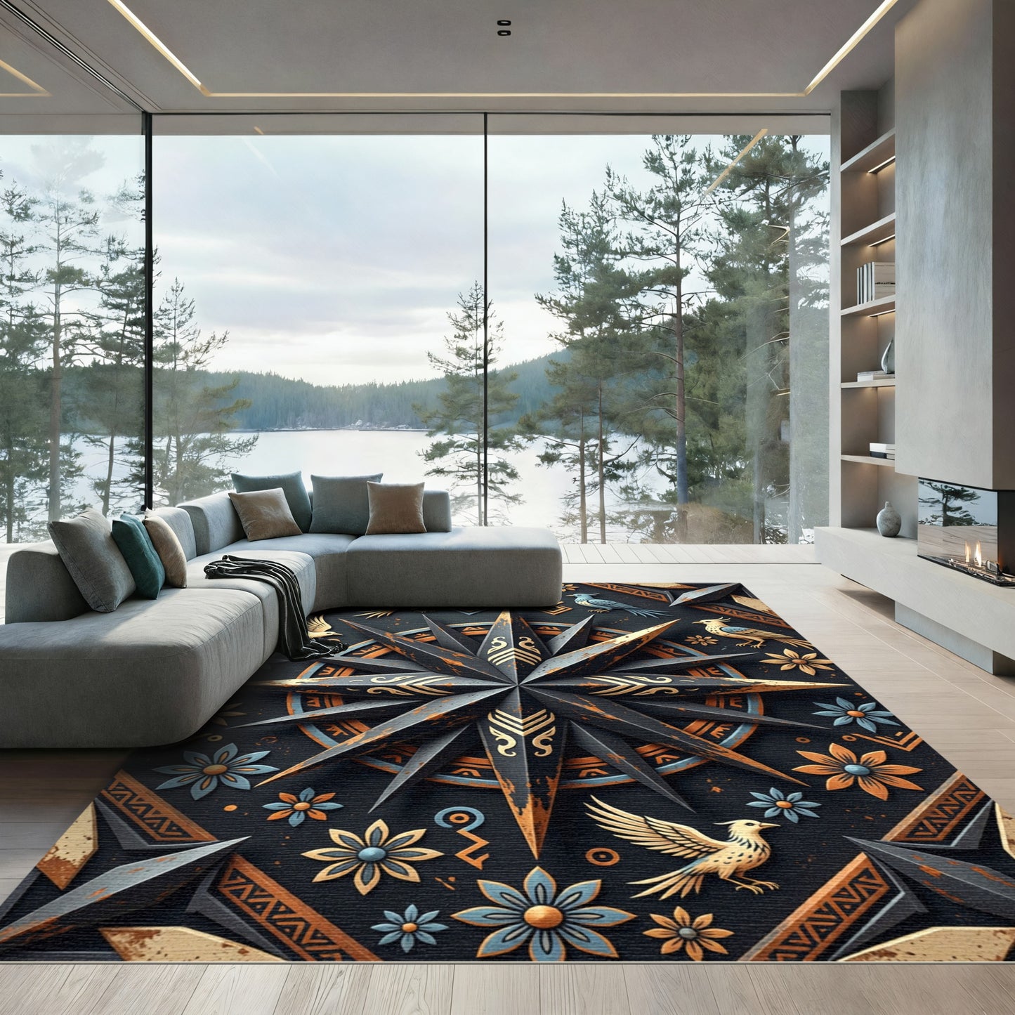 Dark Rustic Birds Floral Compass Star Rug