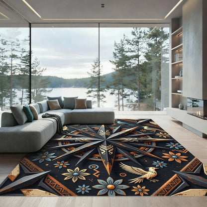 Dark Rustic Birds Floral Compass Star Rug