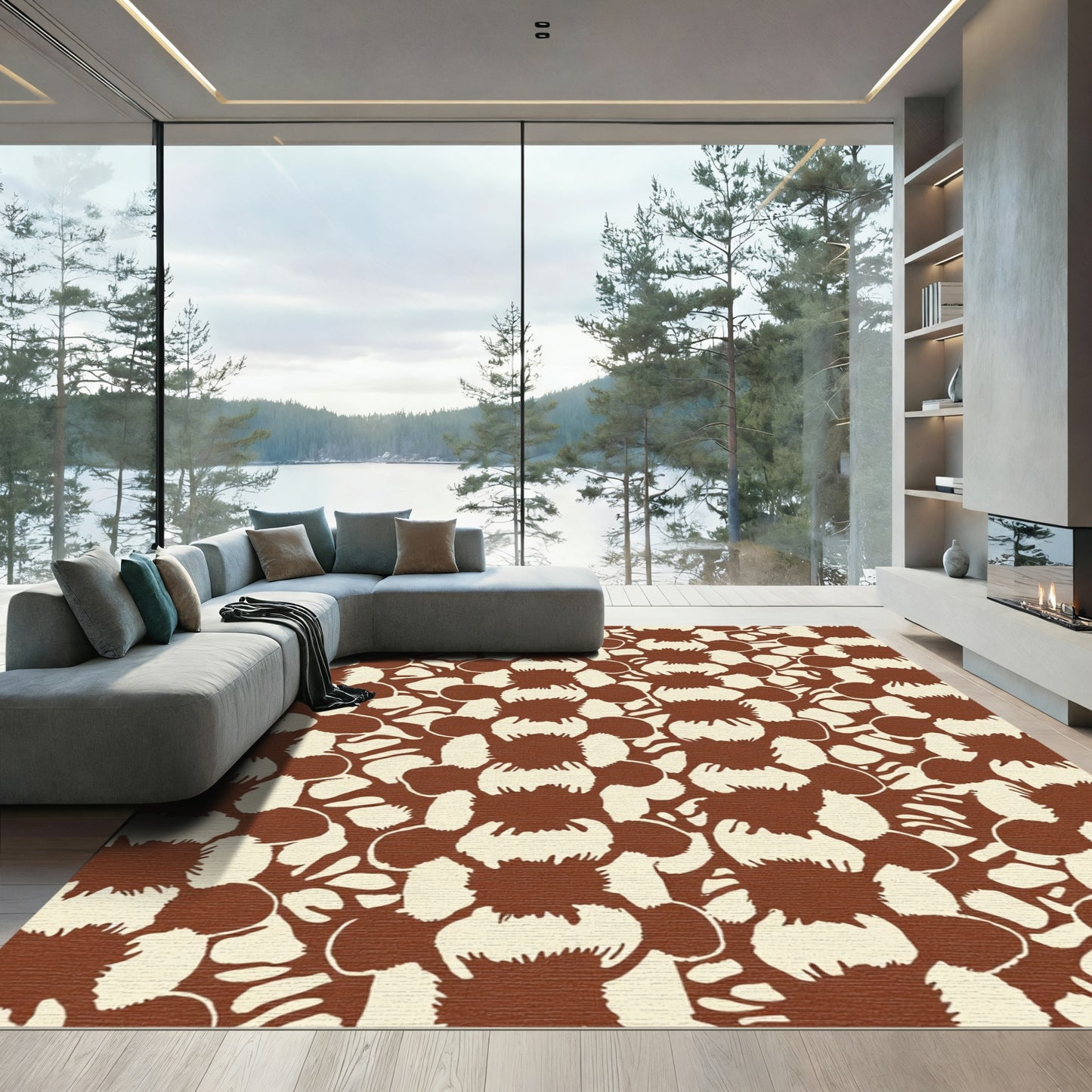 Brown Cream Abstract Floral Tile Rug