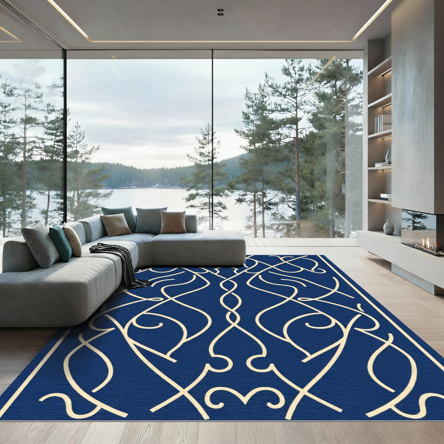 Navy Cream Intricate Intertwined Scrolls Rug
