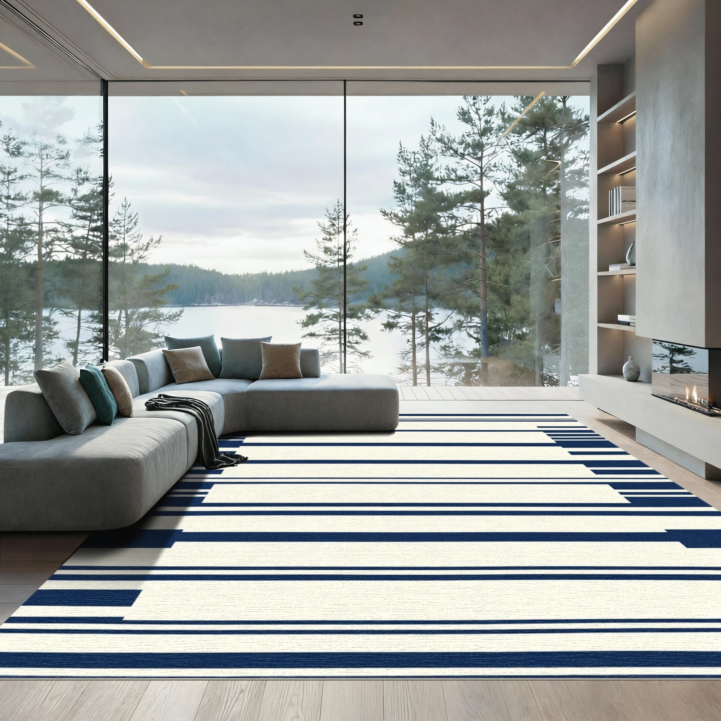 Navy White Stripe Geometric Rug