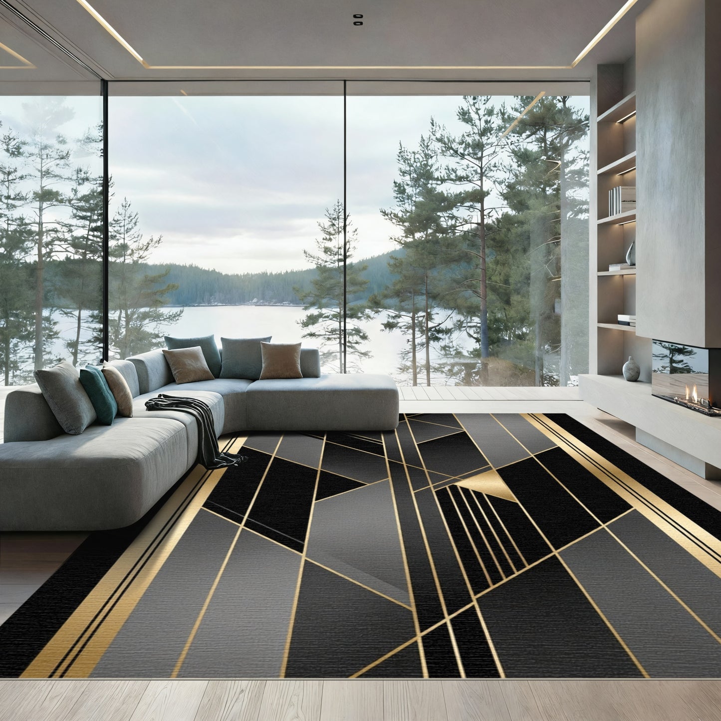 Art Deco Black Gold Geometric Lines Rug