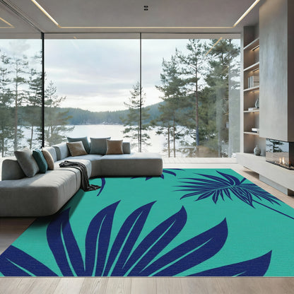 Navy Palm Frond Teal Tropical Rug