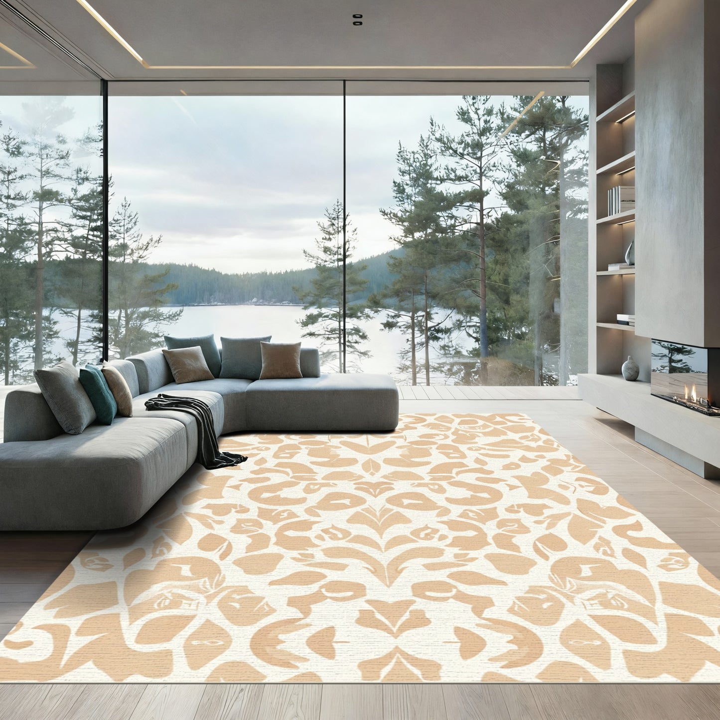 Muted Beige Abstract Floral Symmetry Rug